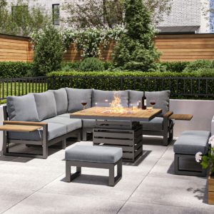 Aluminium & Teak Garden Corner Sofa Set with Adjustable Fire Pit Table - Sequoyah - Rattan Direct