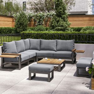 Aluminium & Teak Garden Corner Sofa Set with Grey Cushions - Sequoyah - Rattan Direct