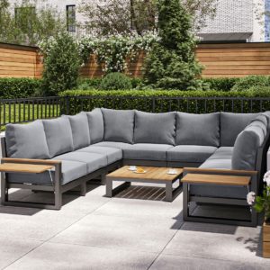 Aluminium & Teak U-Shaped Garden Sofa with Grey Cushions - Sequoyah - Rattan Direct