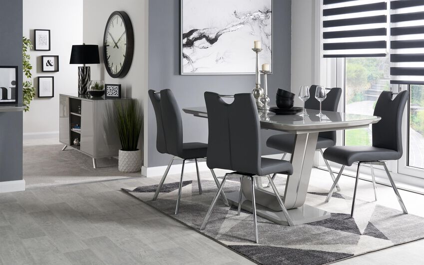 Vidal Grey Extending Dining Table and Chairs | Grey Swivel Chairs