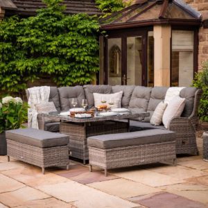 Rattan Garden Reclining Corner Sofa Set with Ice Bucket Dining Table in Grey - Fiji - Rattan Direct