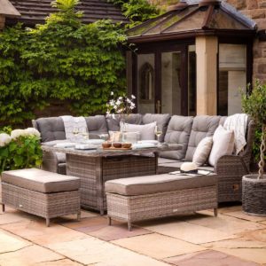 Rattan Garden Reclining Corner Sofa Set with Square Fire Pit Dining Table in Grey - Fiji - Rattan Direct