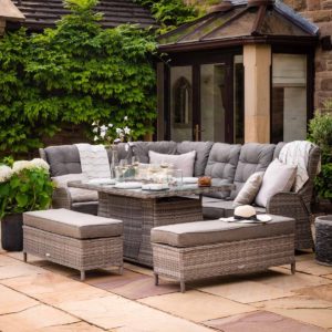 Rattan Garden Reclining Corner Sofa Set with Rectangular Fire Pit Dining Table in Grey - Fiji - Rattan Direct