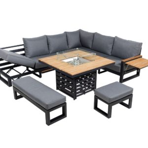 Aluminium & Teak Garden Corner Sofa Set with Adjustable Firepit & Multi-Functional Seat - Sequoyah - Rattan Direct