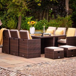 6 Seat Rattan Garden Cube Dining Set in Brown with Footstools - Barcelona - Rattan Direct