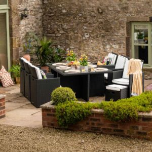 6 Seat Rattan Garden Cube Dining Set in Black with Footstools - Barcelona - Rattan Direct