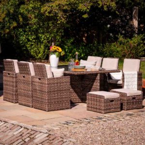 6 Seat Rattan Garden Cube Dining Set in Truffle Brown with Footstools - 13 Piece - Barcelona - Rattan Direct