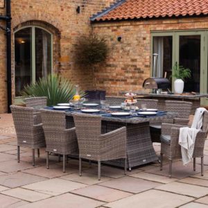8 Seat Rattan Garden Dining Set With Rectangular Table in Grey With Fire Pit - Cambridge - Rattan Direct