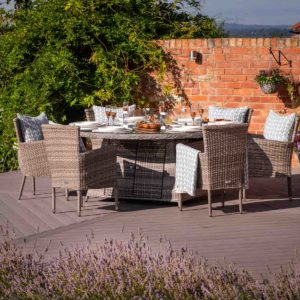 6 Seat Rattan Garden Dining Set With Large Round Table in Grey With Fire Pit - Cambridge - Rattan Direct