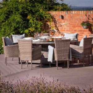 8 Seater Rattan Garden Dining Set With Large Round Table in Grey With Fire Pit - Cambridge - Rattan Direct