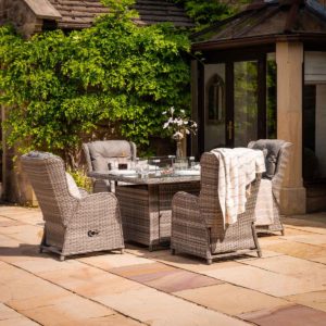 4 Reclining Rattan Garden Chairs & Square Fire Pit Dining Table in Grey - Fiji - Rattan Direct