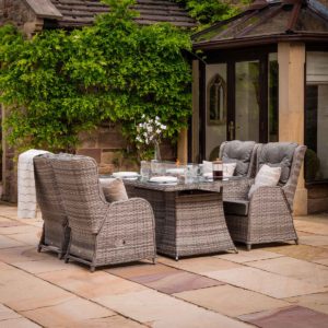 4 Reclining Rattan Garden Chairs & Rectangular Fire Pit Dining Table in Grey - Fiji - Rattan Direct