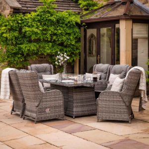 6 Reclining Rattan Garden Chairs & Rectangular Fire Pit Dining Table in Grey - Fiji - Rattan Direct