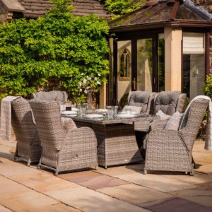 6 Reclining Rattan Garden Chairs & Large Rectangular Fire Pit Dining Table in Grey - Fiji - Rattan Direct