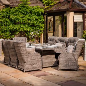 8 Reclining Rattan Garden Chairs & Large Rectangular Fire Pit Dining Table in Grey - Fiji - Rattan Direct