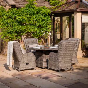 4 Reclining Rattan Garden Chairs & Round Fire Pit Dining Table in Grey - Fiji - Rattan Direct