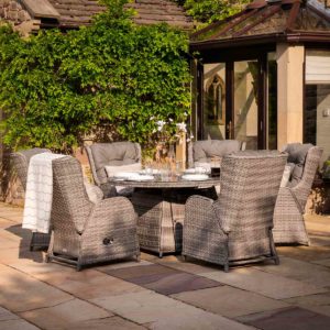 6 Reclining Rattan Garden Chairs & Round Fire Pit Dining Table in Grey - Fiji - Rattan Direct