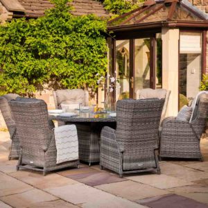 6 Reclining Rattan Garden Chairs & Large Round Fire Pit Dining Table in Grey - Fiji - Rattan Direct