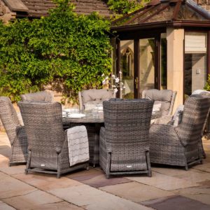8 Reclining Rattan Garden Chairs & Large Round Fire Pit Dining Table in Grey - Fiji - Rattan Direct
