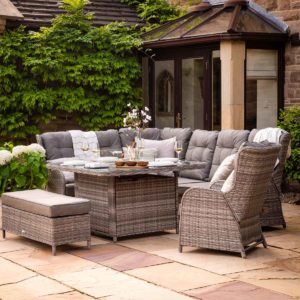 Reclining Rattan Corner Sofa Set with Square Fire Pit Table in Grey - Fiji - Rattan Direct