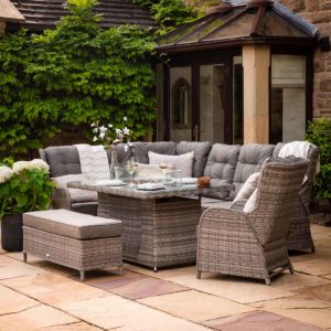 Reclining Rattan Corner Sofa Set with Rectangular Fire Pit Dining Table in Grey - Fiji - Rattan Direct