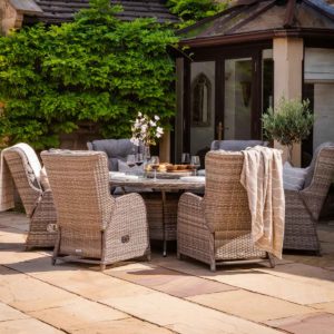 Reclining Rattan Garden Dining Set with 6 Chairs & Large Round Table in Grey - Fiji - Rattan Direct