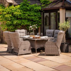 Reclining Rattan Garden Dining Set with 6 Chairs & Large Rectangular Table in Grey - Fiji - Rattan Direct