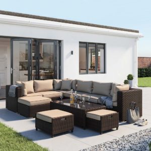 Rattan Garden Corner Sofa Set in Brown & Cream - Geneva 10 Piece - Rattan Direct
