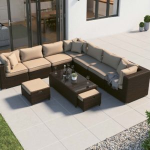 Rattan Garden Corner Sofa Set in Brown - Geneva 10 Piece - Rattan Direct