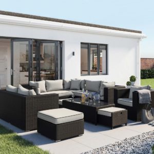 Rattan Garden Corner Sofa Set in Black & White - Geneva - 11 Piece - Rattan Direct