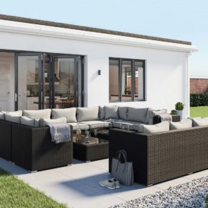 Rattan Garden Corner Sofa Set in Brown & Cream - Geneva 12 Piece - Rattan Direct