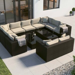 Rattan Garden Corner Sofa Set in Black & White - Geneva 12 Piece - Rattan Direct