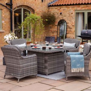 4 Seat Rattan Garden Dining Set With Square Table in Grey With Fire Pit - Lyon - Rattan Direct