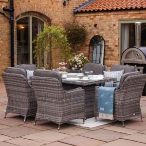 6 Seat Rattan Garden Dining Set With Rectangular Table in Grey With Fire Pit - Lyon - Rattan Direct