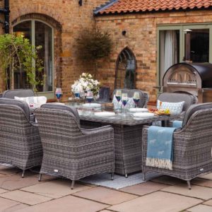 6 Seater Rattan Garden Dining Set With Round Table in Grey With Fire Pit - Lyon - Rattan Direct