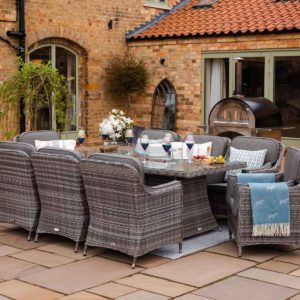 8 Seat Rattan Garden Dining Set With Rectangular Table in Grey With Fire Pit - Lyon - Rattan Direct
