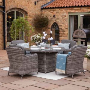 4 Seat Rattan Garden Dining Set With Round Table in Grey With Fire Pit - Lyon - Rattan Direct