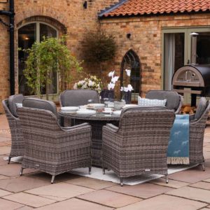 6 Seat Rattan Garden Dining Set With Round Table in Grey With Fire Pit - Lyon - Rattan Direct