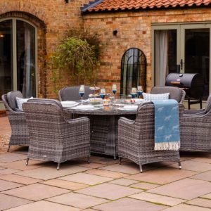 6 Seater Rattan Garden Dining Set With Large Round Table in Grey With Fire Pit - Lyon - Rattan Direct