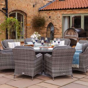 8 Seater Rattan Garden Dining Set With Large Round Table in Grey With Fire Pit - Lyon - Rattan Direct