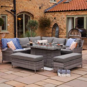 Rattan Garden Corner Dining Set with Rectangular Fire Pit Dining Table in Grey - Monte Carlo - Rattan Direct