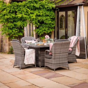 4 Seat Rattan Garden Dining Set With Square Table in Grey With Fire Pit - Marseille - Rattan Direct