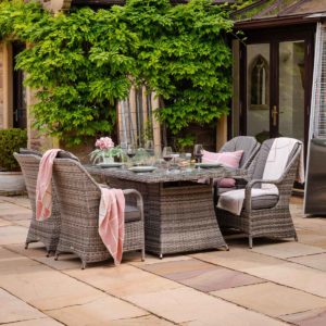 4 Seat Rattan Garden Dining Set With Rectangular Table in Grey With Fire Pit - Marseille - Rattan Direct