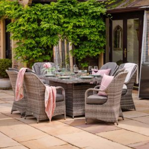 6 Seat Rattan Garden Dining Set With Rectangular Table in Grey With Fire Pit - Marseille - Rattan Direct