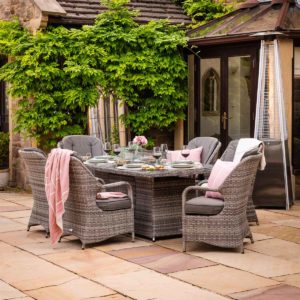 6 Seater Rattan Garden Dining Set With Rectangular Table in Grey With Fire Pit - Marseille - Rattan Direct