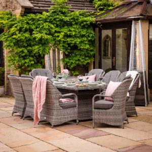 8 Seat Rattan Garden Dining Set With Rectangular Table in Grey With Fire Pit - Marseille - Rattan Direct