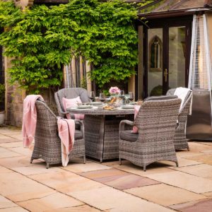 4 Seat Rattan Garden Dining Set With Round Table in Grey With Fire Pit - Marseille - Rattan Direct