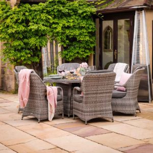 6 Seat Rattan Garden Dining Set With Round Table in Grey With Fire Pit - Marseille - Rattan Direct