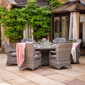 6 Seat Rattan Garden Dining Set With Large Round Table in Grey With Fire Pit - Marseille - Rattan Direct