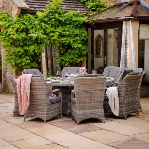 8 Seater Rattan Garden Dining Set With Large Round Table in Grey With Fire Pit - Marseille - Rattan Direct